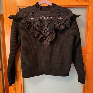 Sandro Black Cowl Neck Sweater with Lace Detail